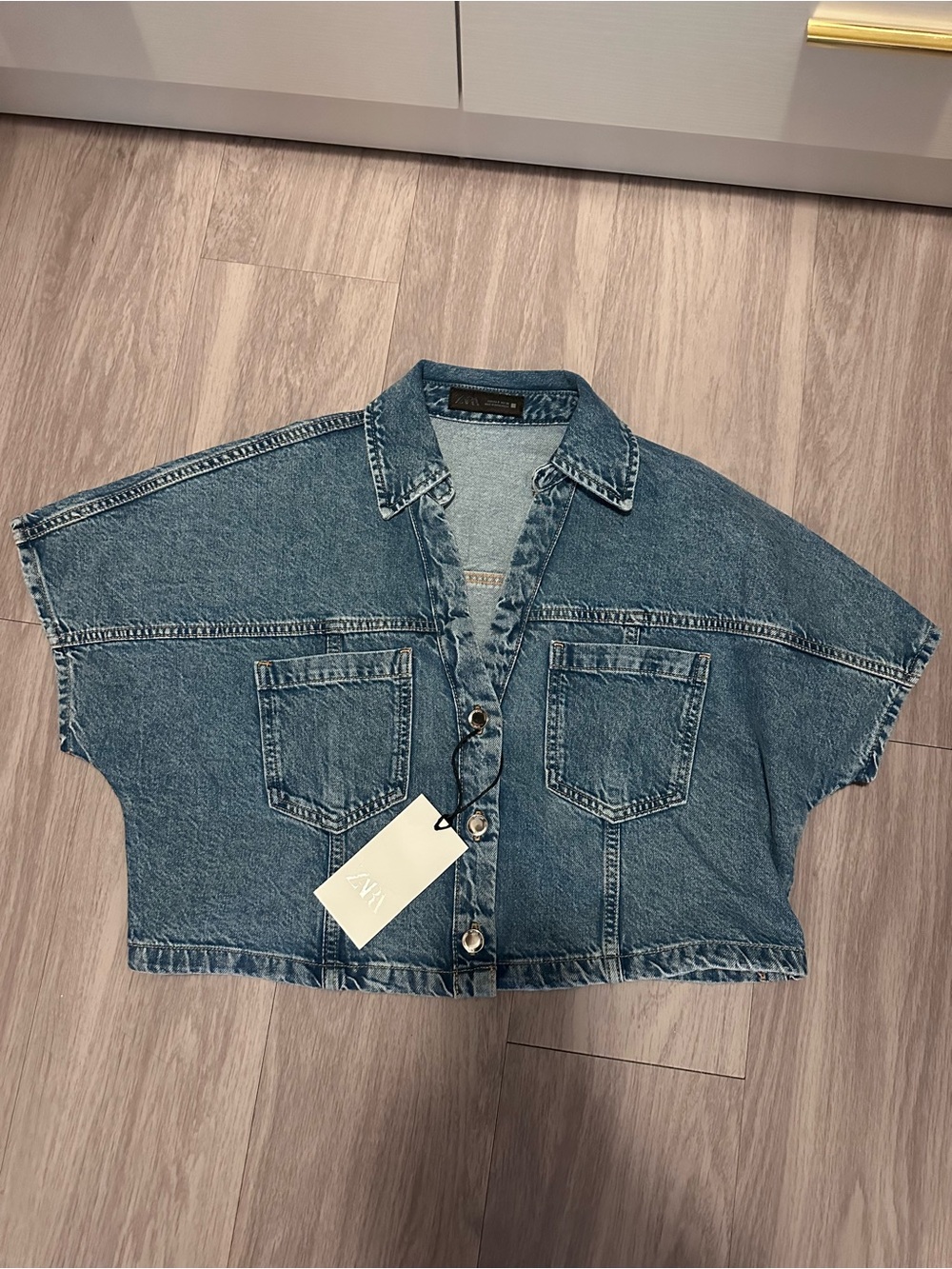 Zara Denim Cropped Button-Up Top